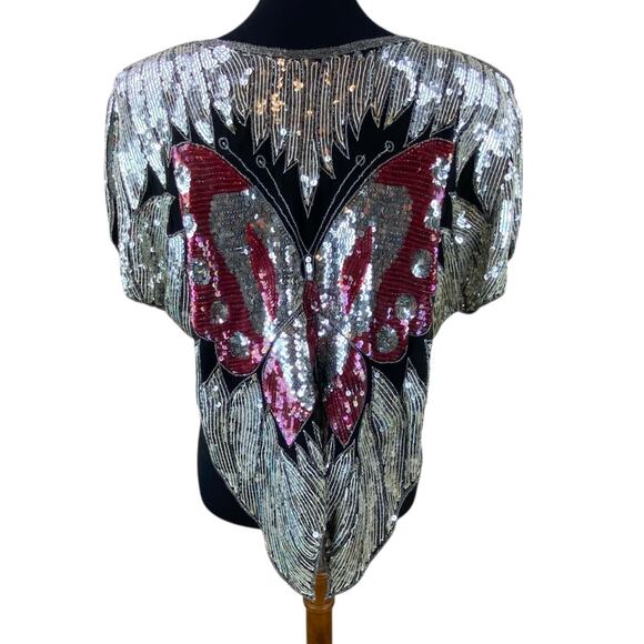 Vintage 100% Silk and Sequins Butterfly Top Silver Black Pink Approx Size M - Picture 4 of 8